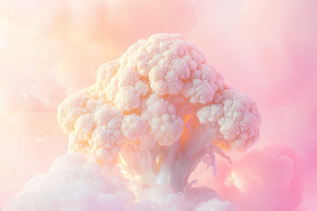 A large, fluffy cloud formation with pink and white tones appears like an explosion against a dreamy sky.の写真素材