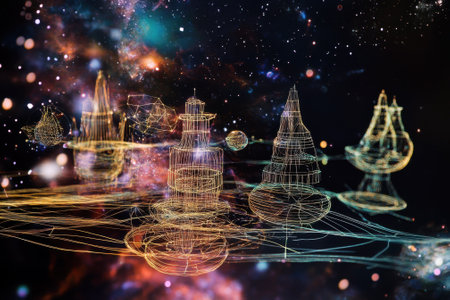 Chess pieces float in a vast cosmic space filled with vibrant colors and intricate light patterns.の写真素材