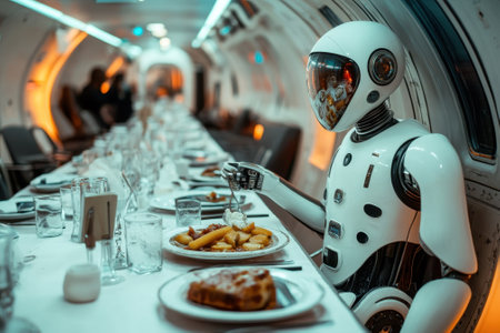 A humanoid robot serves dishes at a long dining table in a sleek, modern interior, creating a unique dining experience.の写真素材