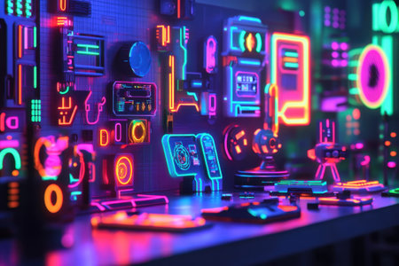 A collection of vibrant, neon tech gadgets and designs illuminates a modern workspace filled with color.の写真素材