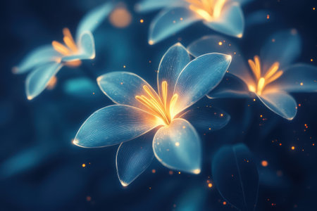 Softly glowing flowers illuminate the surroundings, creating a serene atmosphere in a dark setting.の写真素材
