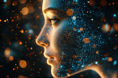 A female figure's profile illuminated with glowing connections and particles in a dark environment.の写真素材