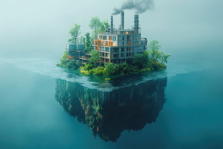 An industrial complex sits atop a floating island, nestled in lush greenery, shrouded in early morning mist.の写真素材