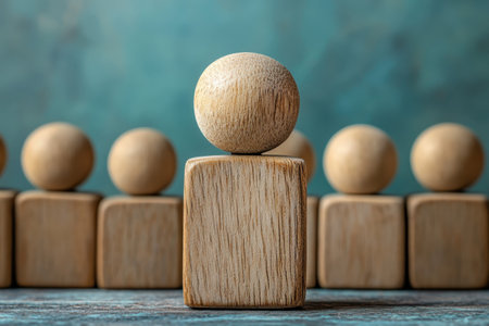 A central wooden figure stands out among several similar ones, symbolizing leadership in teamwork.の写真素材