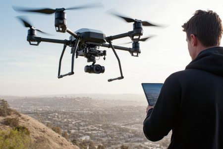 A person operates a drone while standing on a hillside overlooking a city at sunset.の写真素材
