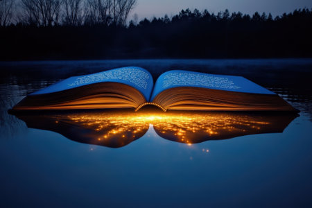 An open book floats on calm water, illuminated by warm light, creating reflections in the twilight.の写真素材