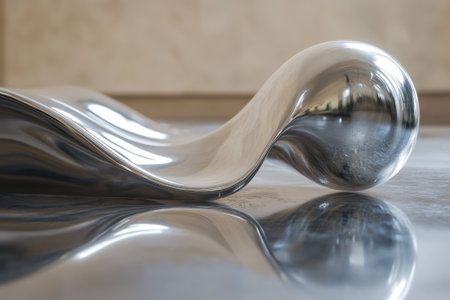 A sleek metallic sculpture curls gracefully, reflecting light on a smooth surface in a minimalist setting.の写真素材