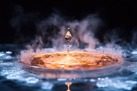 A droplet splashes into a pool surrounded by fog, creating a captivating ripple effect and golden reflections.の写真素材