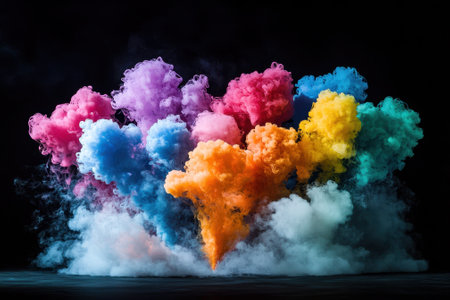 Vibrant clouds of smoke in various colors fill the air, creating a striking visual effect in a dark environment.の写真素材