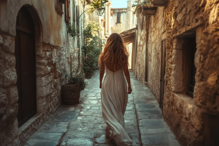 A woman in a flowing dress strolls down a charming, sunlit alleyway lined with rustic stone buildings.の写真素材