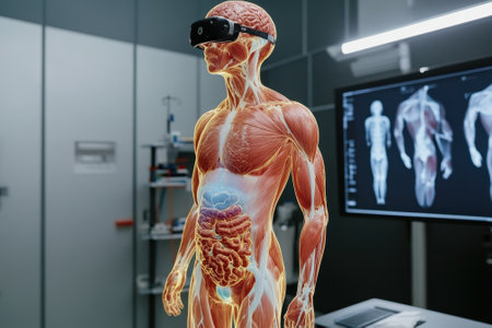 A human figure displays detailed anatomy while wearing virtual reality goggles in a futuristic lab setting.の写真素材