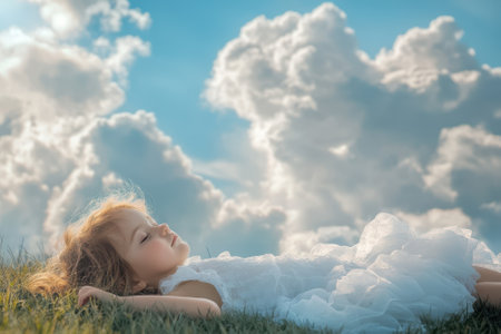 A young child in a white dress lies on the grass, absorbed in the beauty of fluffy clouds above on a sunny day.の写真素材