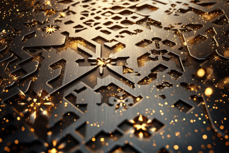 Intricate snowflake patterns create a festive ambiance with shimmering golden highlights against a dark background.の写真素材