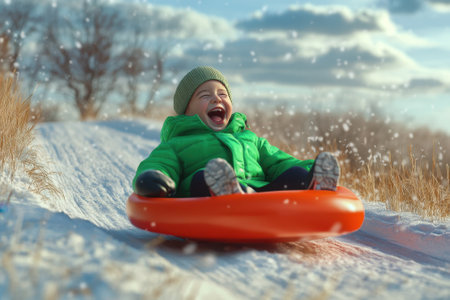 A young child wearing a green jacket and beanie gleefully slides down a snowy path while laughing.の写真素材