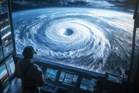 Scientists track the formation of a strong hurricane from their advanced monitoring station on Earth.の写真素材