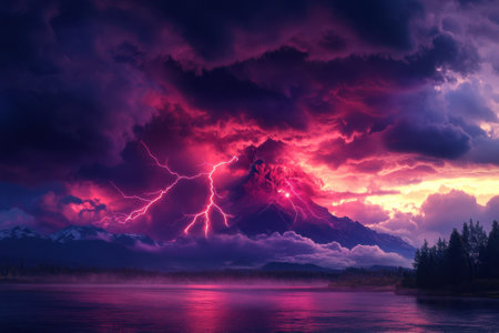 A vibrant mountain landscape showcases lightning striking among dark clouds at sunset.の写真素材