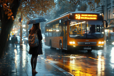 A person stands under an umbrella waiting at a bus stop in the rain on a vibrant city street.の写真素材