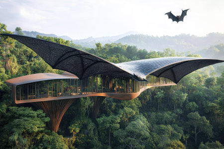 A striking winged building in a dense forest, blending modern architecture with nature.の写真素材