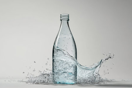 Water splashes elegantly around a clear glass bottle, creating a captivating display of motion and fluidity.の写真素材