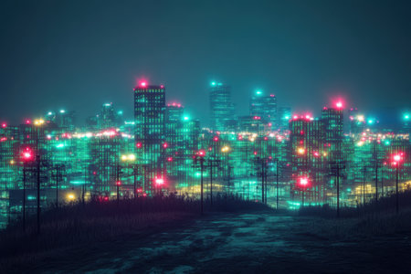 Bright lights twinkle over a downtown skyline at night amidst a misty setting, creating a vibrant urban scene.の写真素材