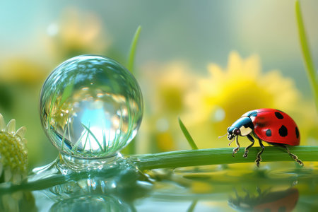 A ladybug crawls on a blade of grass next to a bubble, surrounded by vibrant flowers in a serene garden.の写真素材