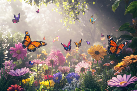 Vibrant butterflies dance through a lush garden filled with colorful blooming flowers during daylight.の写真素材