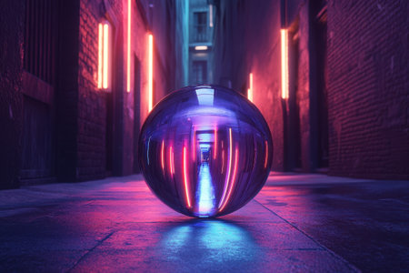 A glass sphere reflects vibrant neon lights in a narrow urban alley at night, creating an otherworldly atmosphere.の写真素材