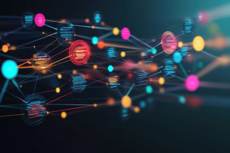 Colorful nodes and lines depict a complex network, showing data interactions and relationships visually.の写真素材