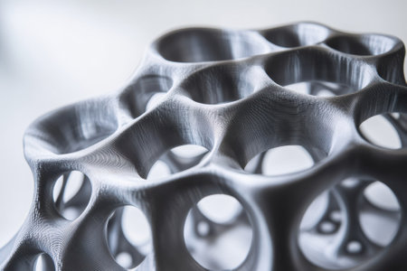 An intricate sculpture made through 3D printing features detailed patterns and unique shapes in a modern art gallery.の写真素材