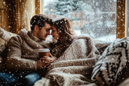 Two people snuggled together on a couch, sharing warmth under a blanket while snow falls outside.の写真素材