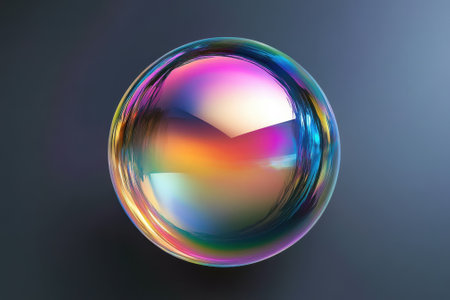 A vibrant soap bubble reflects various colors while hovering in the air, showing its delicate structure and beauty.の写真素材