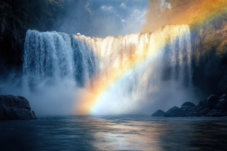 A breathtaking waterfall cascades into a river while a vivid rainbow forms in the mist on a sunny day.の写真素材