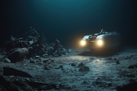 A deep-sea exploration vessel illuminates an old sunken vehicle surrounded by debris at the ocean floor.の写真素材