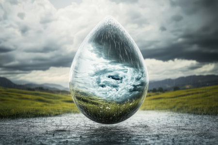 A large water droplet captures a swirling storm inside it while rain falls on the green terrain below.の写真素材