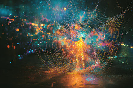 A vibrant spider web catches light, reflecting various colors against a dark background in the night.の写真素材