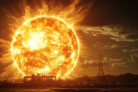 A huge sun rises above factories and oil rigs, casting a warm glow over the industrial area.の写真素材