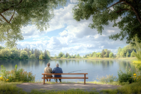 Two people sit on a bench by the lake, sharing a quiet moment while fishing under a cloudy sky.の写真素材