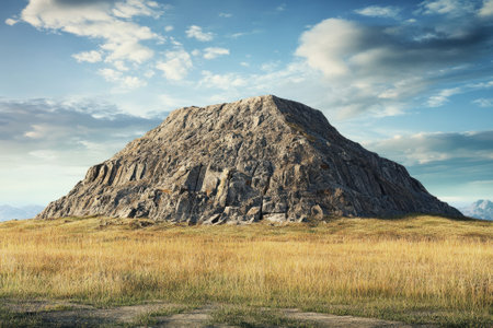A dramatic rocky outcrop stands prominently in open grassland with vivid skies and distant mountains on the horizon.の写真素材