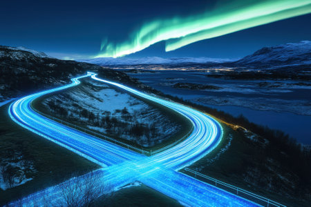 Winding roads glow under vibrant northern lights, with a serene lake visible in the backdrop during nighttime.の写真素材
