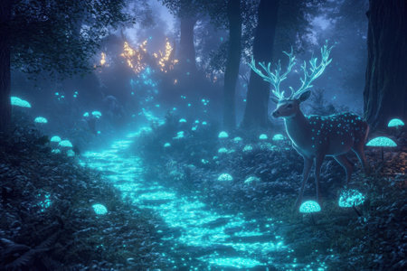 A serene forest path glows with luminescent mushrooms, while a deer stands quietly among the enchanting scene.の写真素材