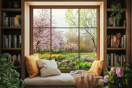 A comfortable seating area overlooks a vibrant spring garden filled with blooming flowers and trees.の写真素材