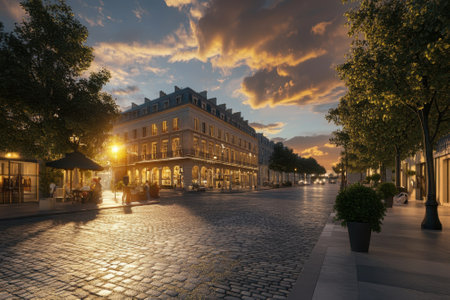 A lively cobblestone street emerges under a colorful sunset, featuring historic buildings and outdoor seating.の写真素材