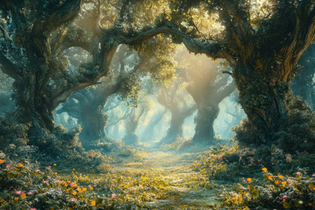 A serene pathway meanders through an enchanting forest, alive with sunlight and blooming flowers during the evening.の写真素材