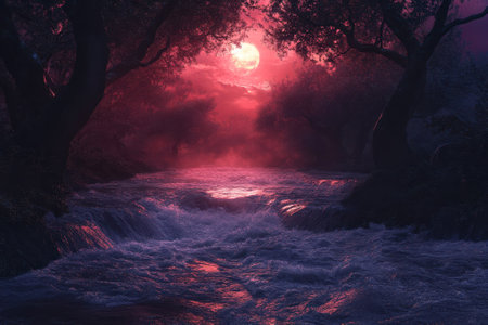 A serene river flows gently under a full moon, surrounded by mist and dark trees in the nighttime landscape.の写真素材