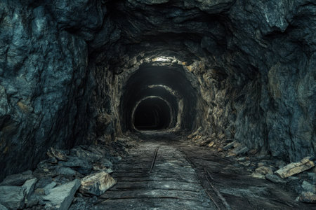 Abandoned mine features dark tunnels with tracks, showing rough rock walls and an eerie atmosphere.の写真素材