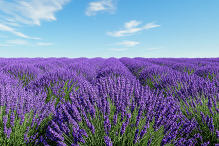 Lavender fields blossom under a bright sky, showing rows of purple flowers during the summer season.の写真素材