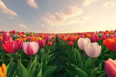 Colorful tulips stretch across the landscape, showing various hues under a bright sky during spring.の写真素材