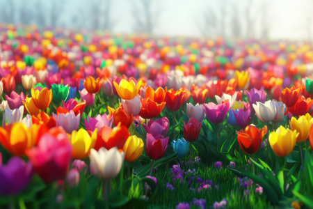 Colorful tulips of various hues fill the field, basking in bright sunlight under a clear sky.の写真素材