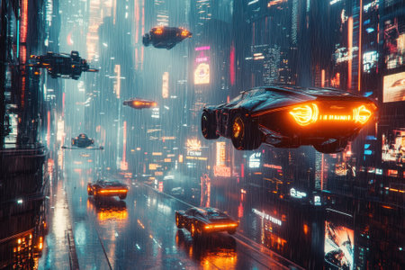 Vibrant cityscape features hover vehicles and illuminated skyscrapers amidst heavy rain at night.の写真素材