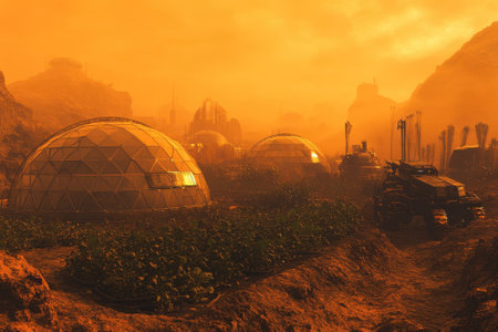 Structures with domes sit in a barren landscape under an orange sky, suggesting a terraforming effort on another planet.の写真素材